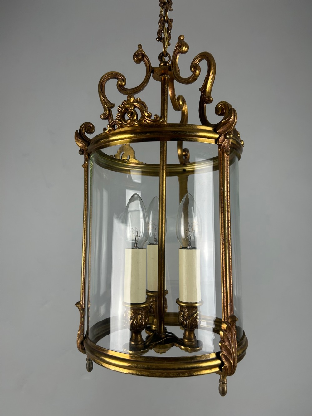 French Aged Gilded Bronze Triple Light Hall Lantern, Rewired View III