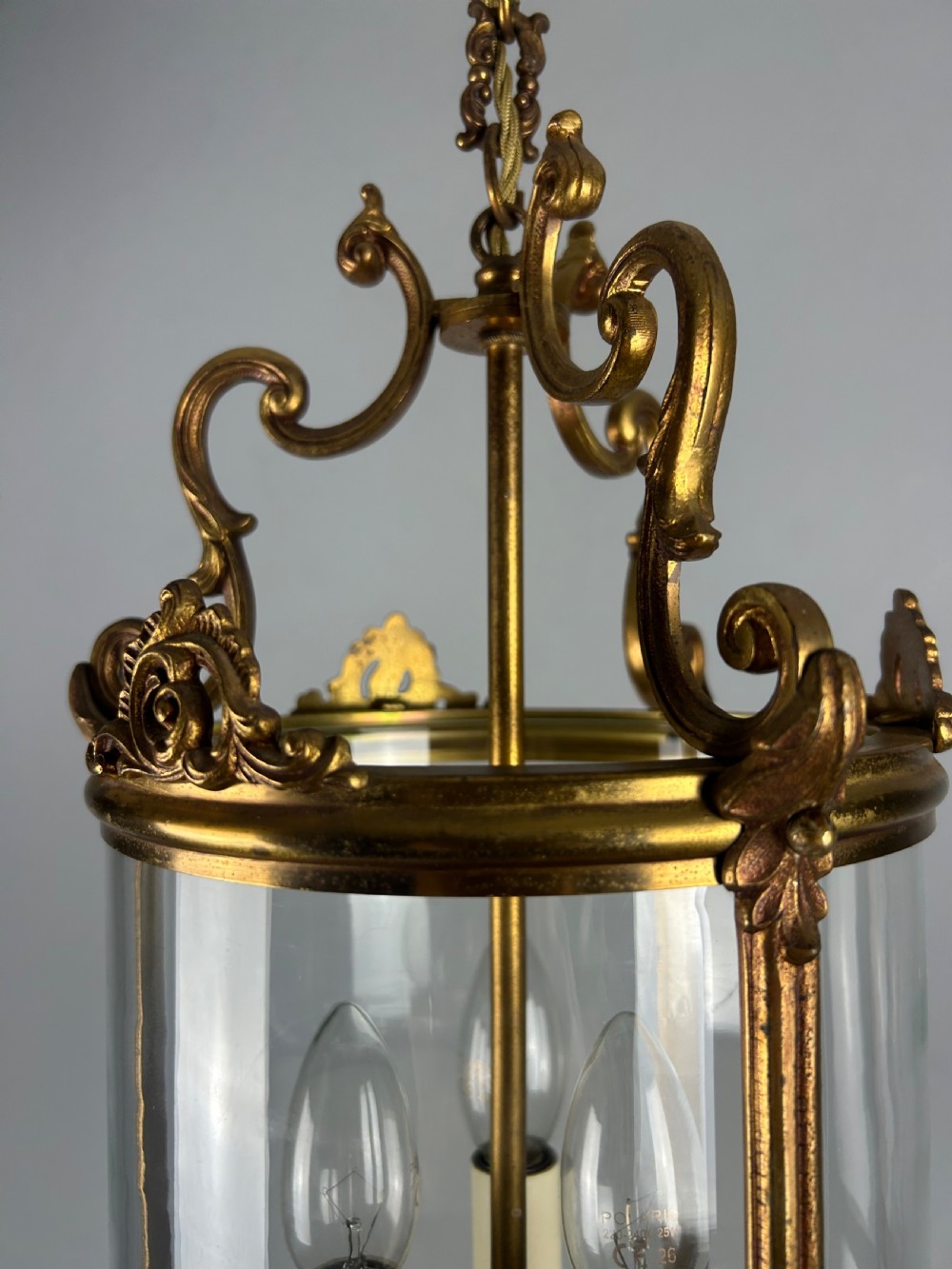 French Aged Gilded Bronze Triple Light Hall Lantern, Rewired View IV