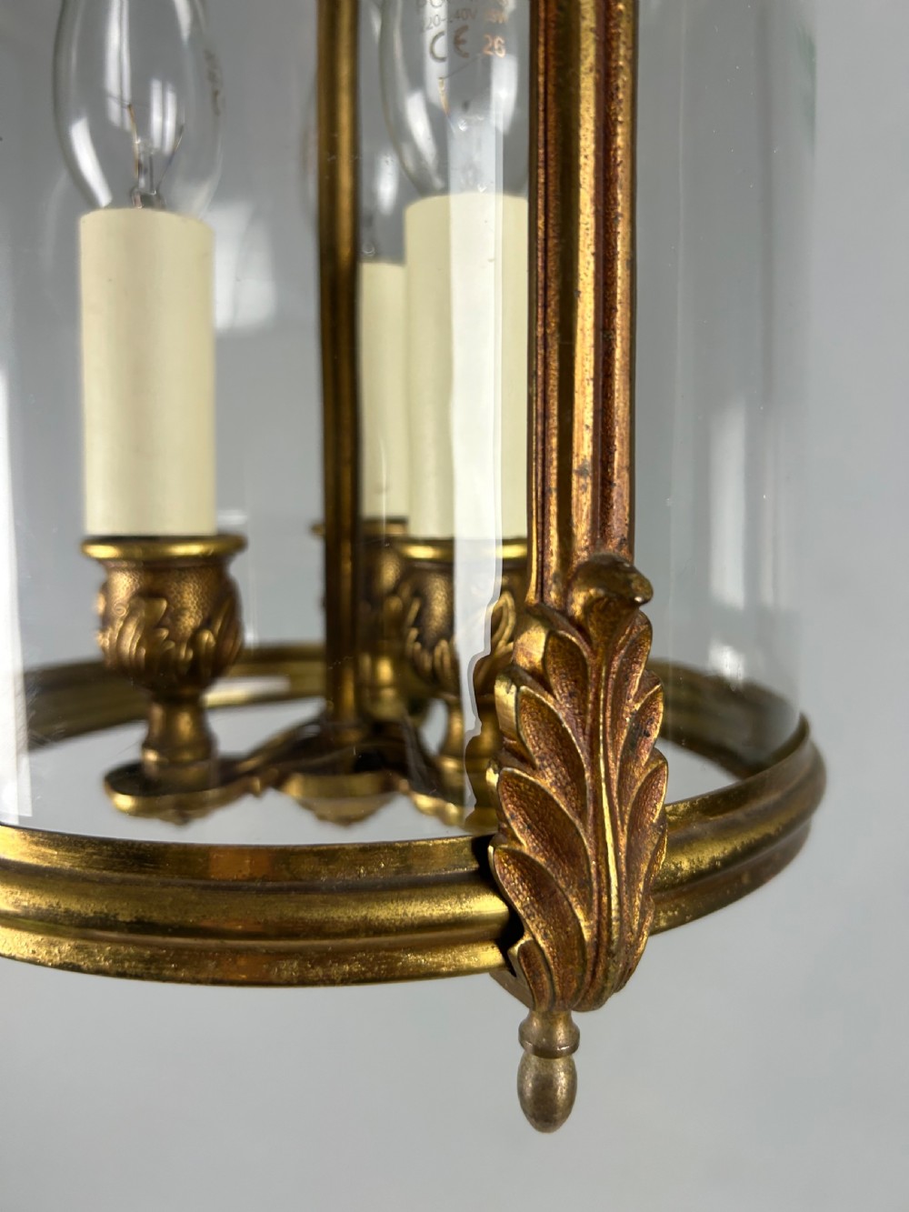 French Aged Gilded Bronze Triple Light Hall Lantern, Rewired View V