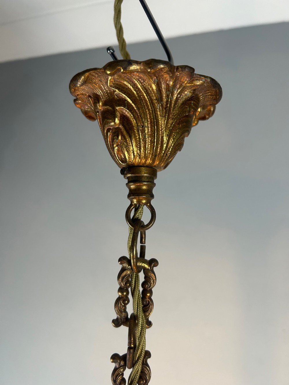French Aged Gilded Bronze Triple Light Hall Lantern, Rewired View VI