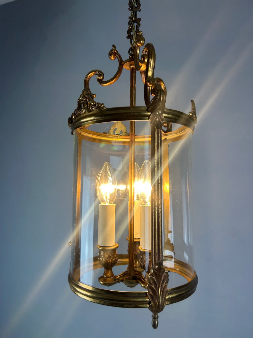 French Aged Gilded Bronze Triple Light Hall Lantern, Rewired View VII