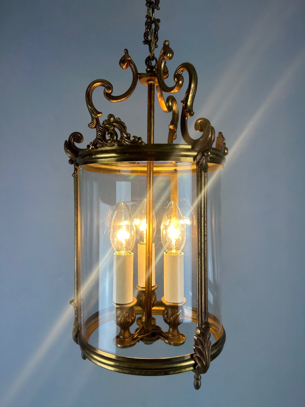 French Aged Gilded Bronze Triple Light Hall Lantern, Rewired View VIII