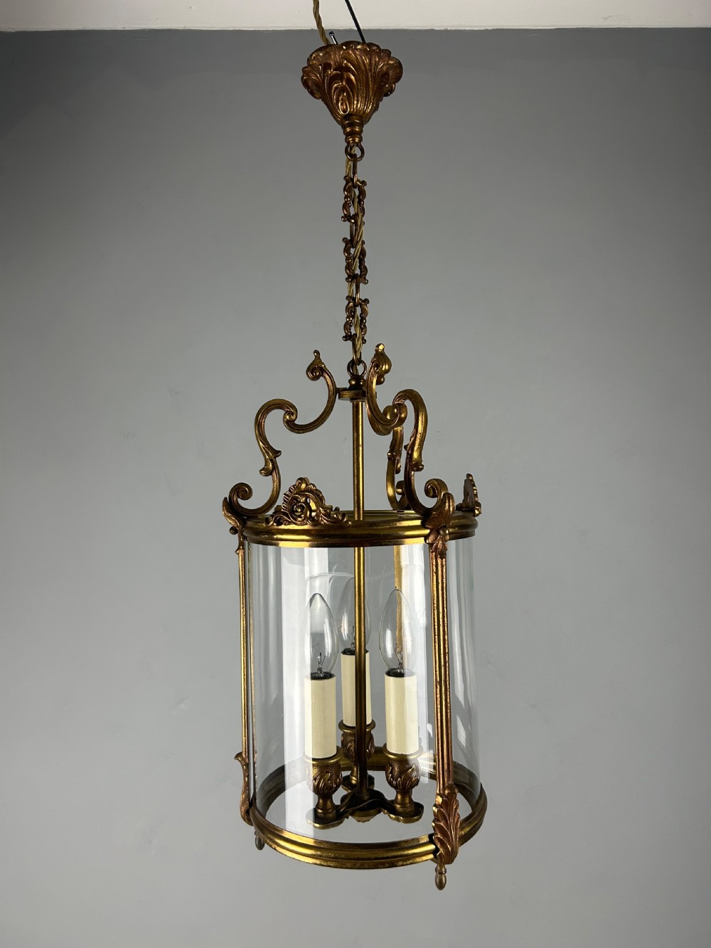 French Aged Gilded Bronze Triple Light Hall Lantern, Rewired View IX