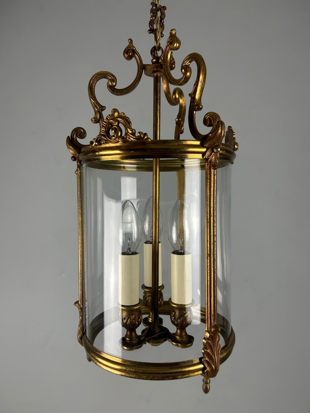 French Aged Gilded Bronze Triple Light Hall Lantern, Rewired View X