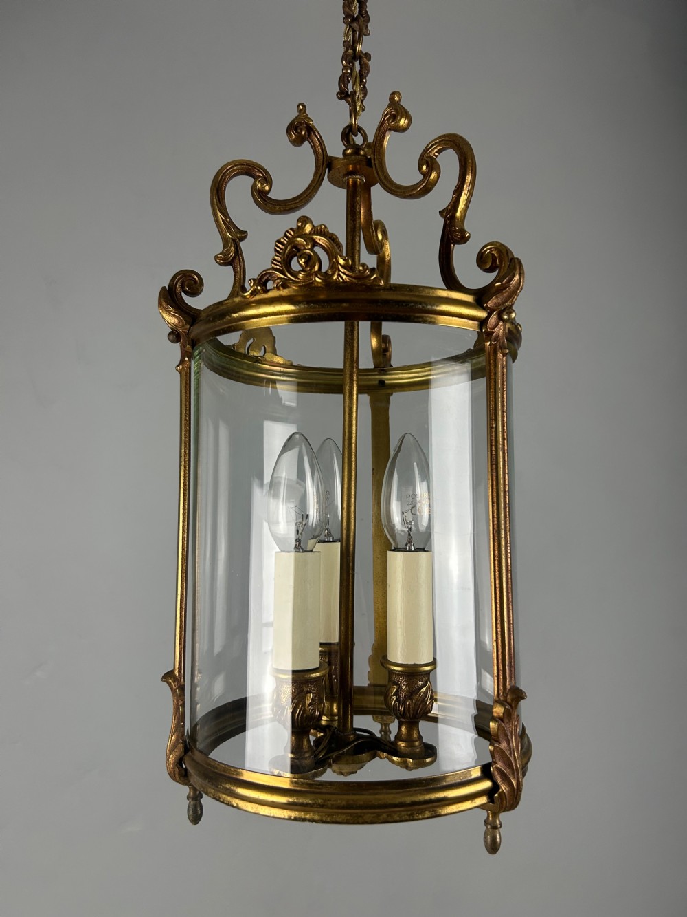 French Aged Gilded Bronze Triple Light Hall Lantern, Rewired View XI