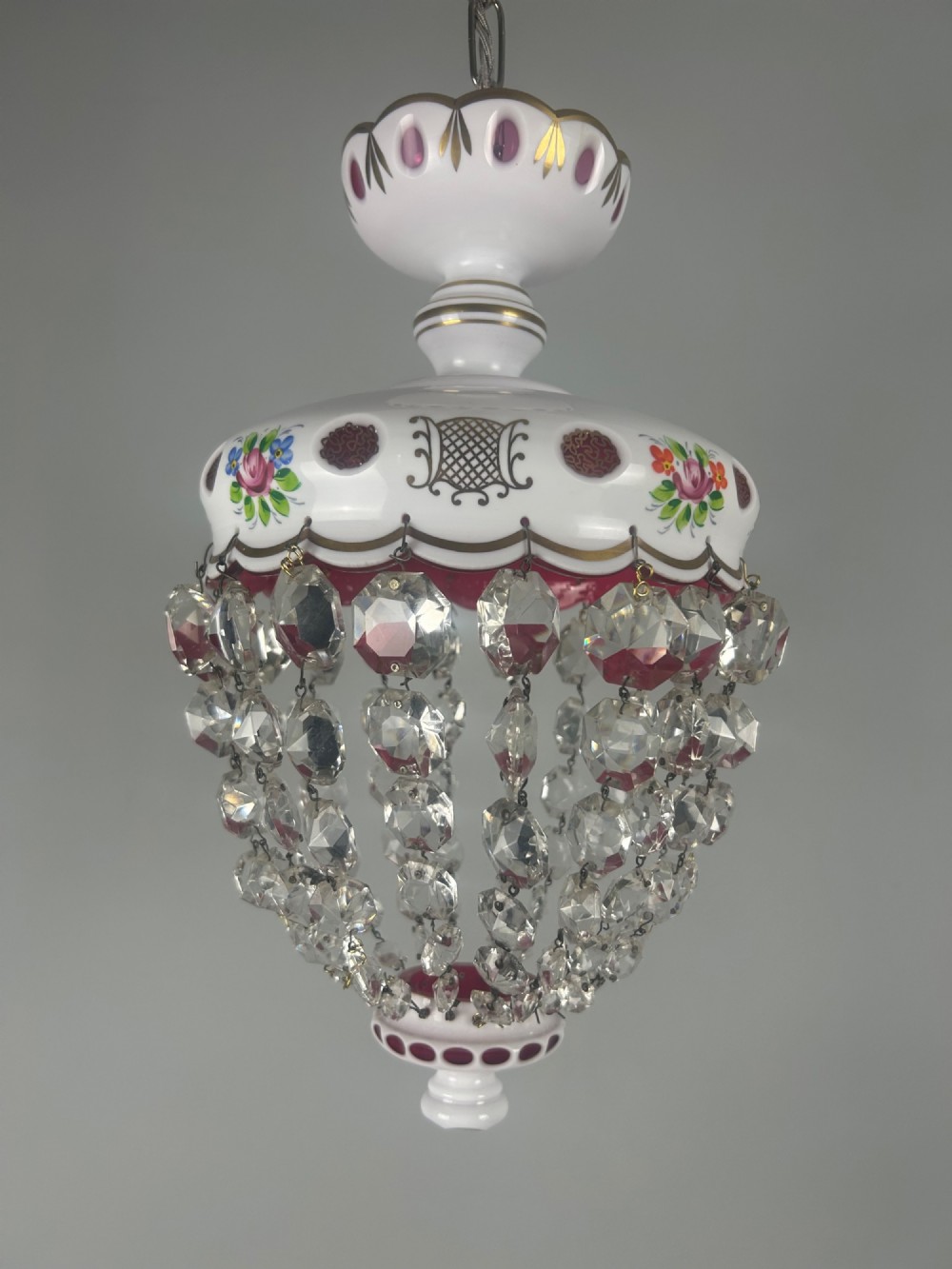 Bohemian Cranberry & Crystal Lustre Ceiling Light, Rewired