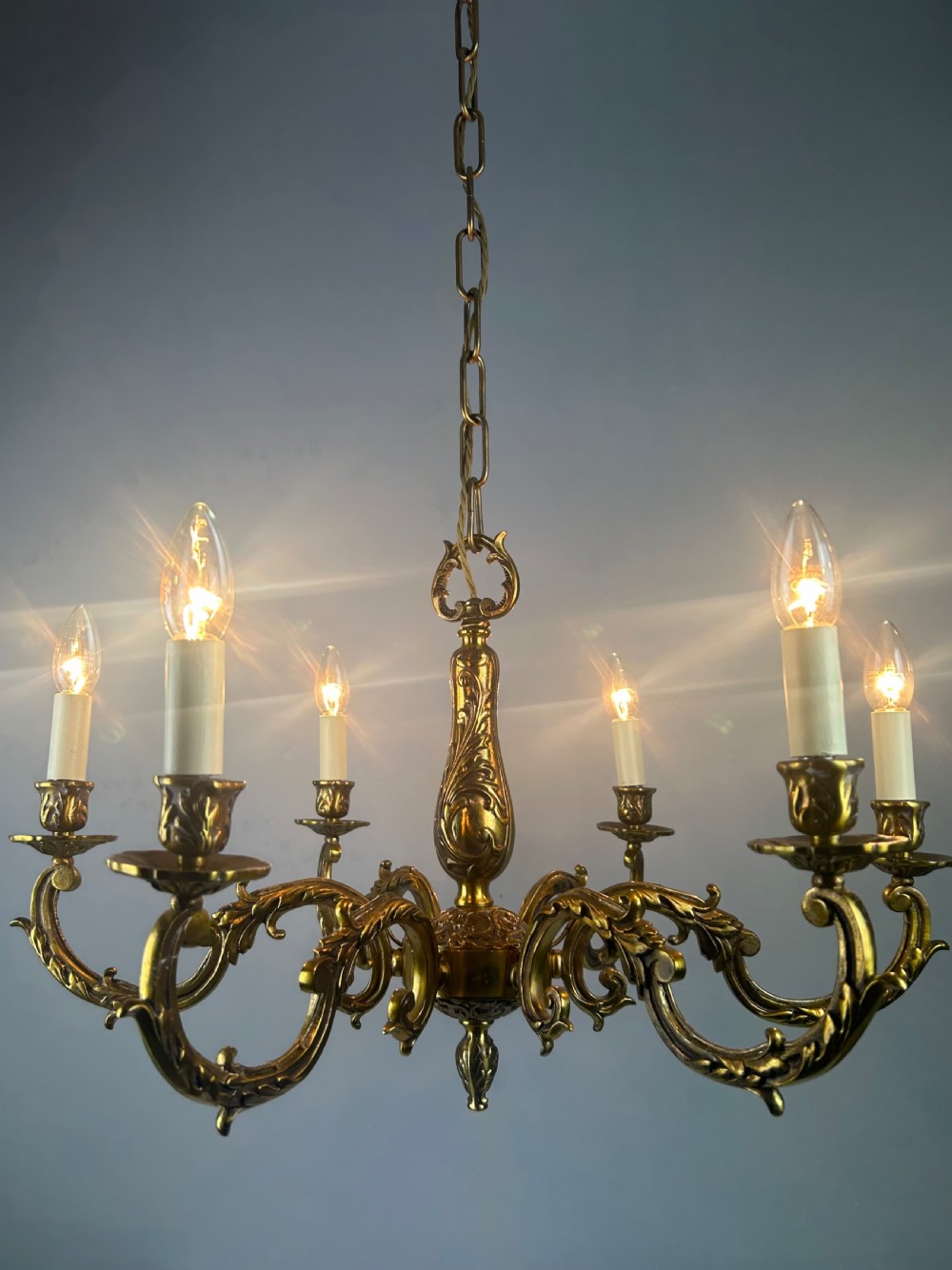 Large French Gilded Brass 6 Light Antique Chandelier View II
