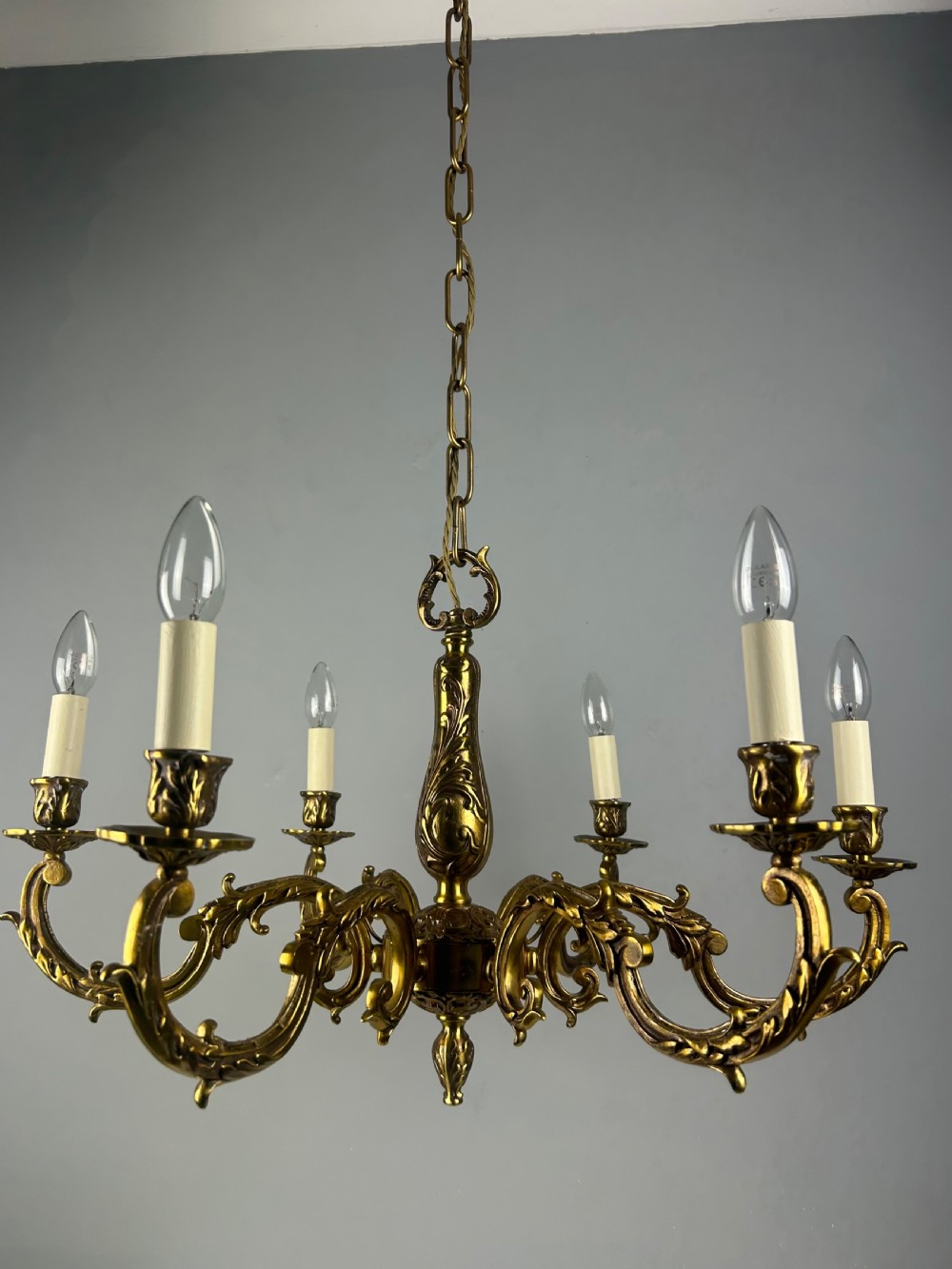 Large French Gilded Brass 6 Light Antique Chandelier View VI