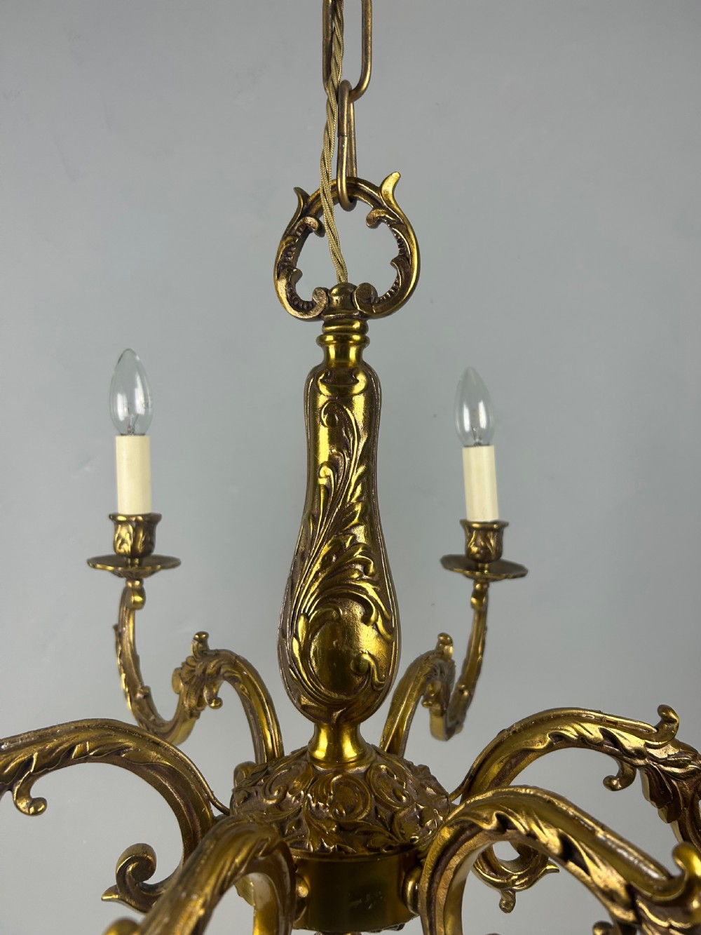 Large French Gilded Brass 6 Light Antique Chandelier View VIII