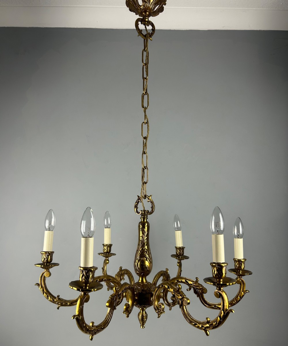 Large French Gilded Brass 6 Light Antique Chandelier View IX