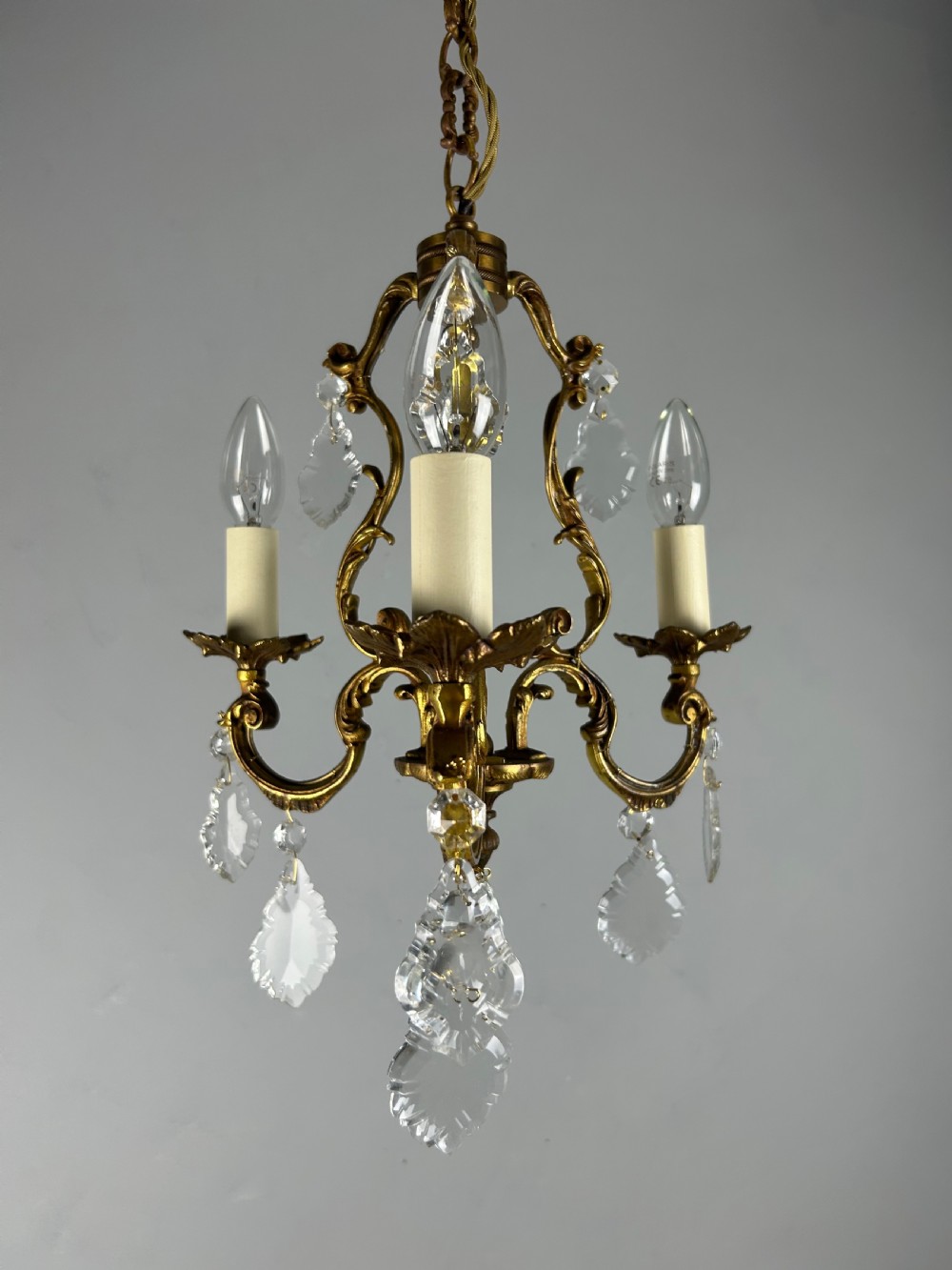 French Gilded Bronze Crystal Triple Light Antique Chandelier
