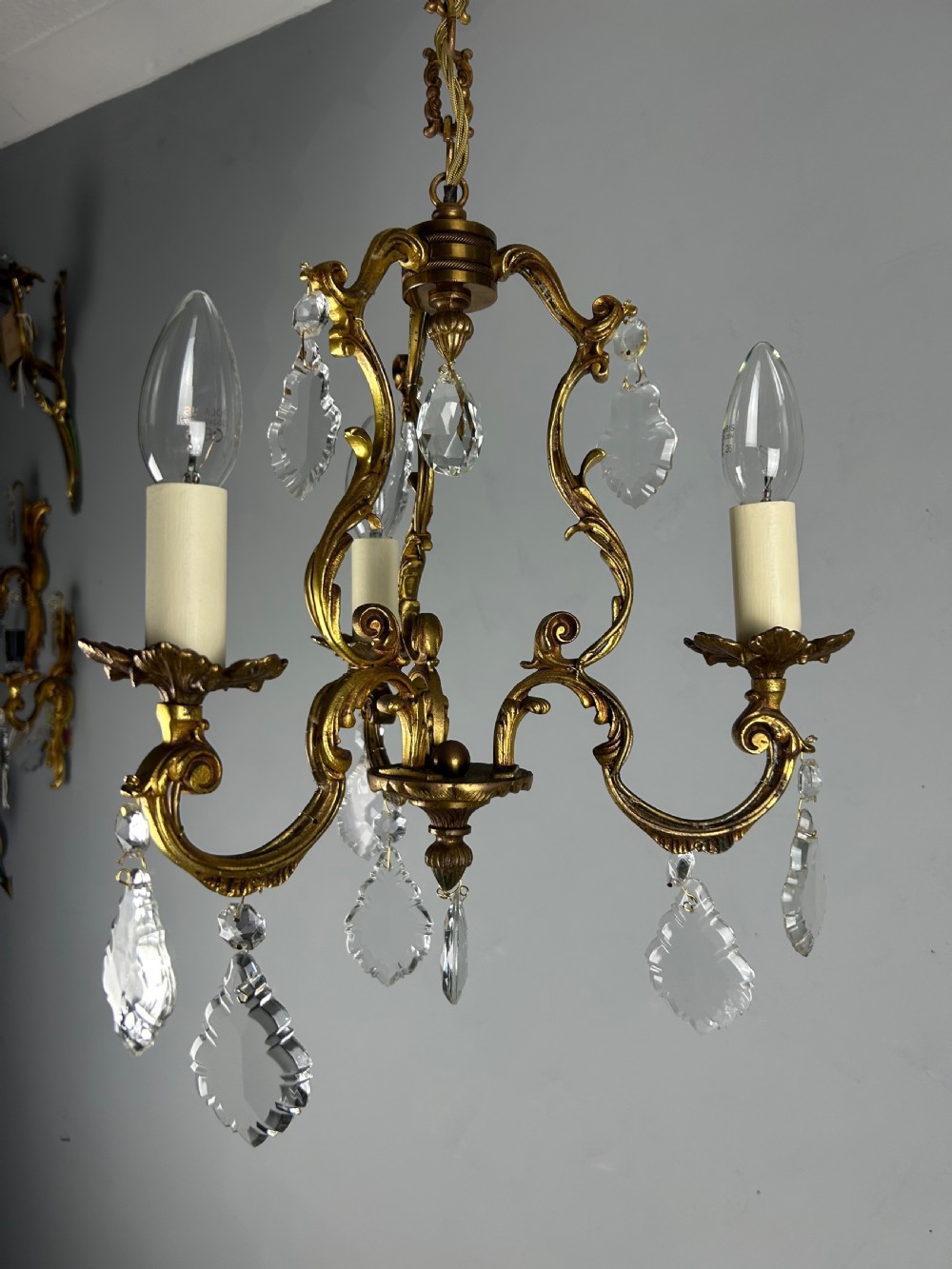 French Gilded Bronze Crystal Triple Light Antique Chandelier View II