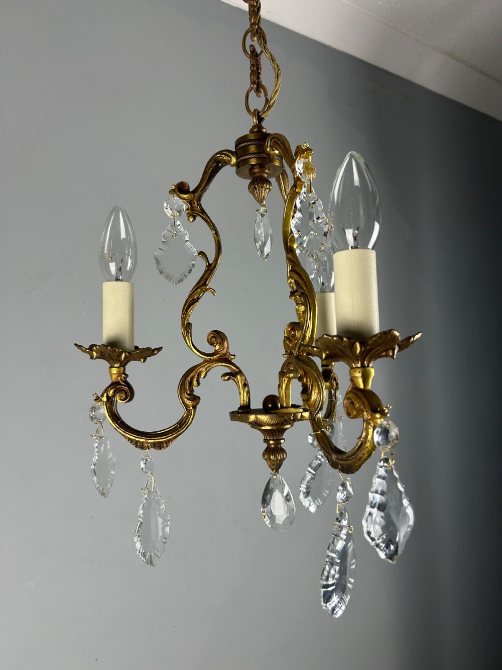 French Gilded Bronze Crystal Triple Light Antique Chandelier View III