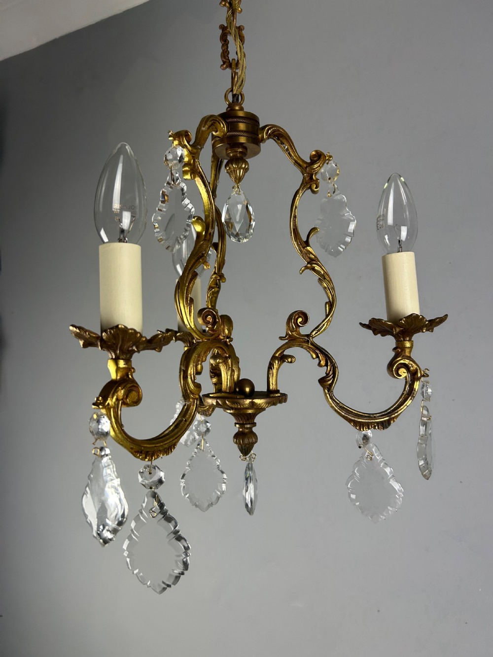 French Gilded Bronze Crystal Triple Light Antique Chandelier View IV