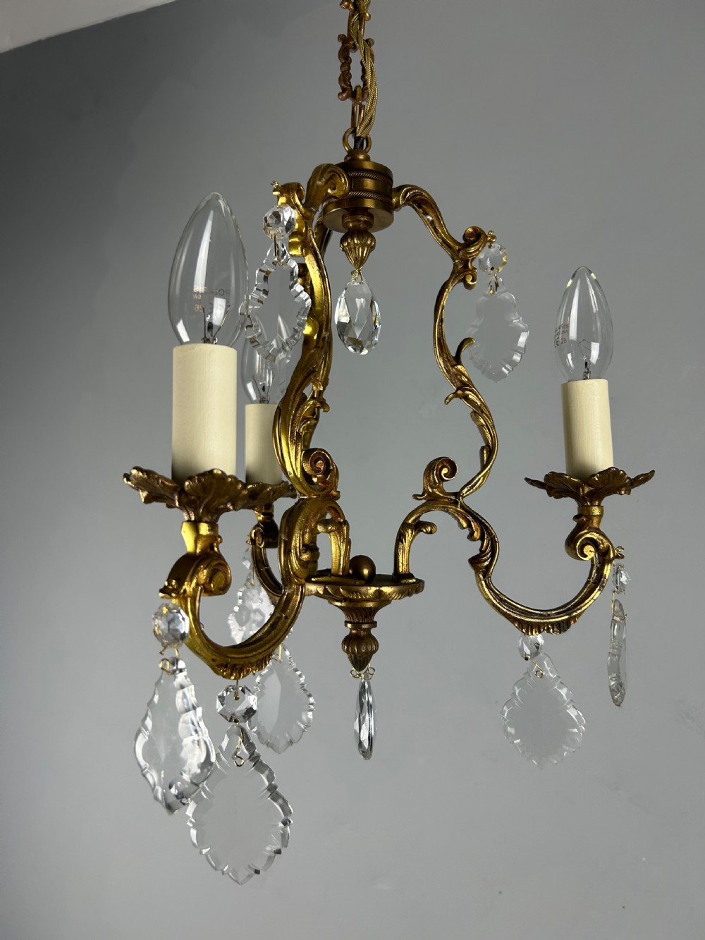 French Gilded Bronze Crystal Triple Light Antique Chandelier View V