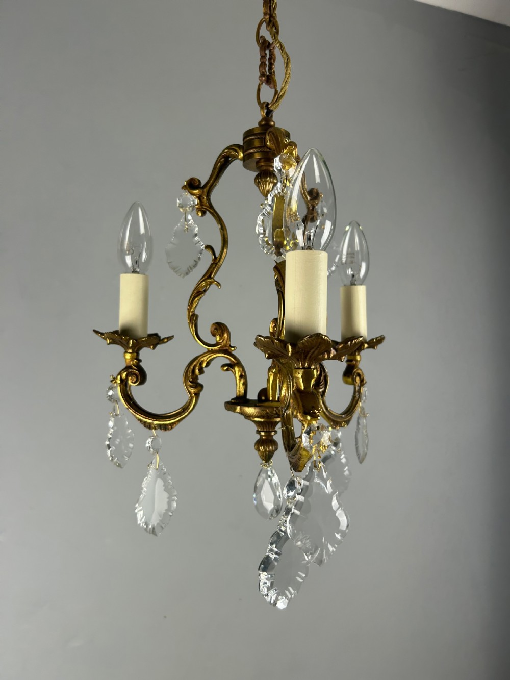 French Gilded Bronze Crystal Triple Light Antique Chandelier View VI