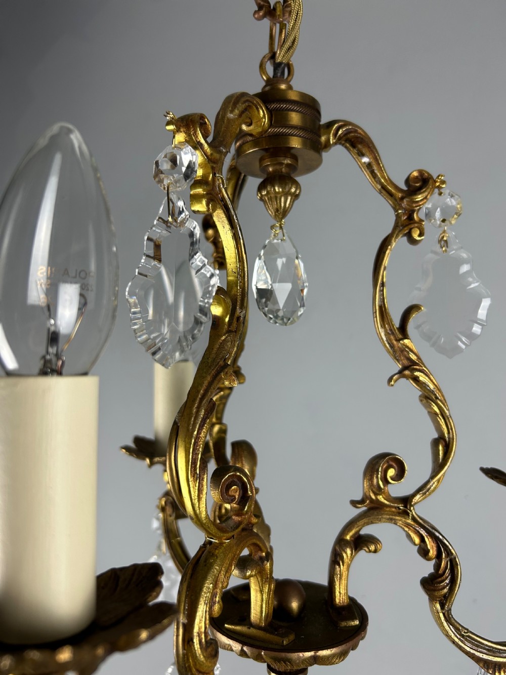 French Gilded Bronze Crystal Triple Light Antique Chandelier View IX