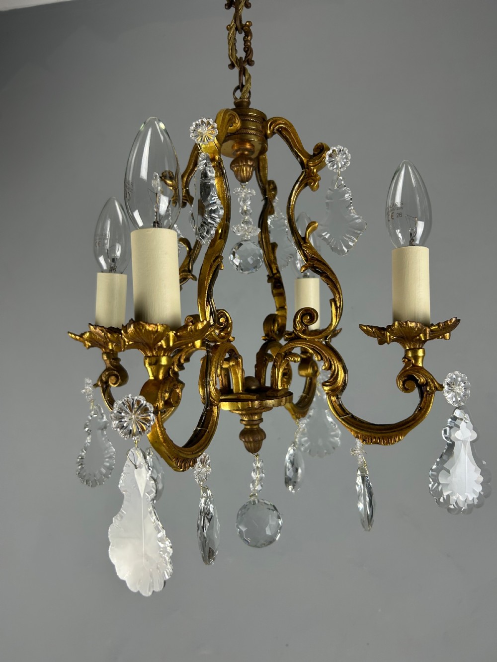 French Gilded & Crystal 4 Light Chandelier