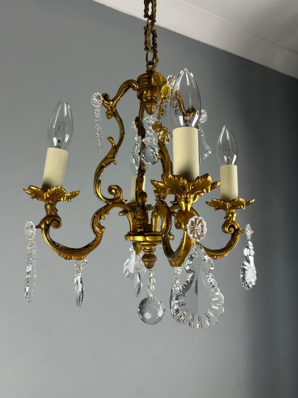 French Gilded & Crystal 4 Light Chandelier View II