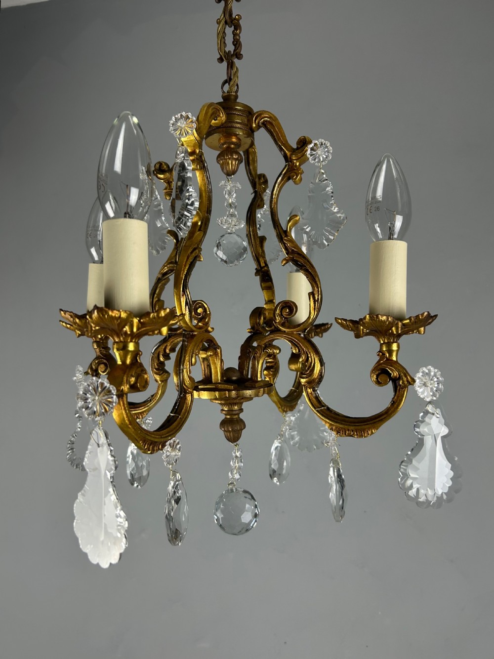 French Gilded & Crystal 4 Light Chandelier View IV