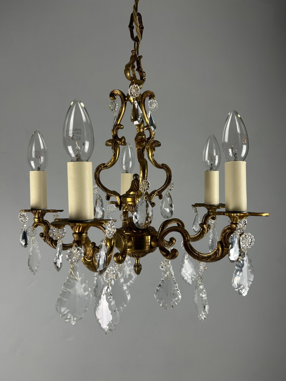 French Brass & Crystal 5 Light Chandelier