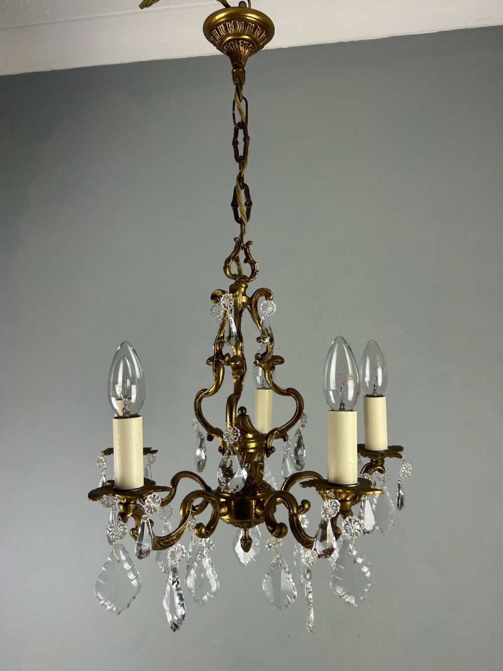 French Brass & Crystal 5 Light Chandelier View III