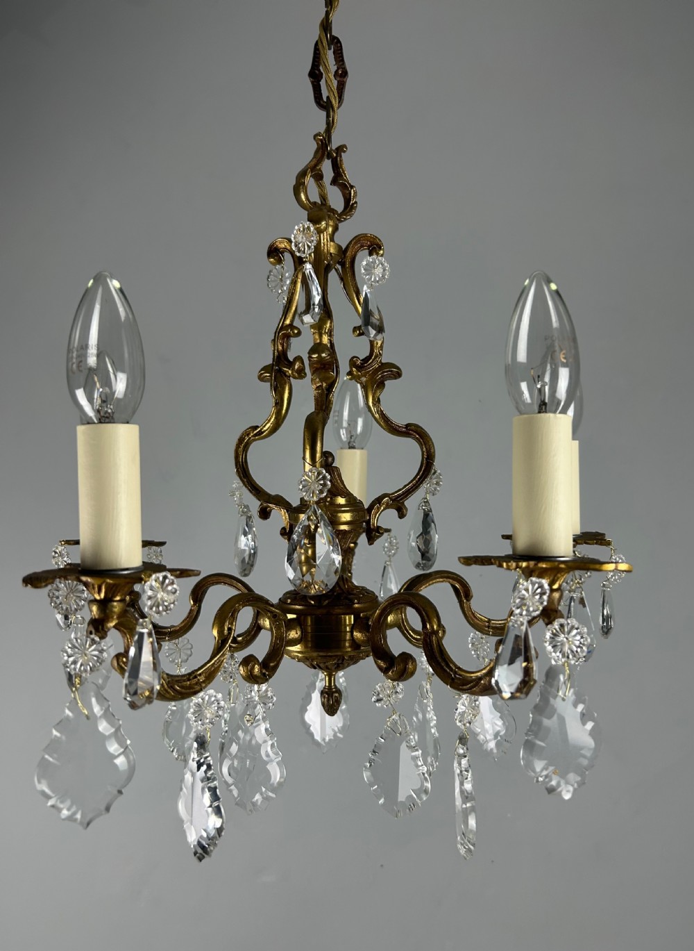 French Brass & Crystal 5 Light Chandelier View V