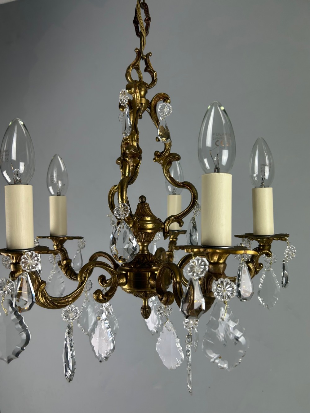 French Brass & Crystal 5 Light Chandelier View VI