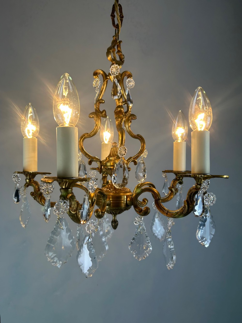 French Brass & Crystal 5 Light Chandelier View VII