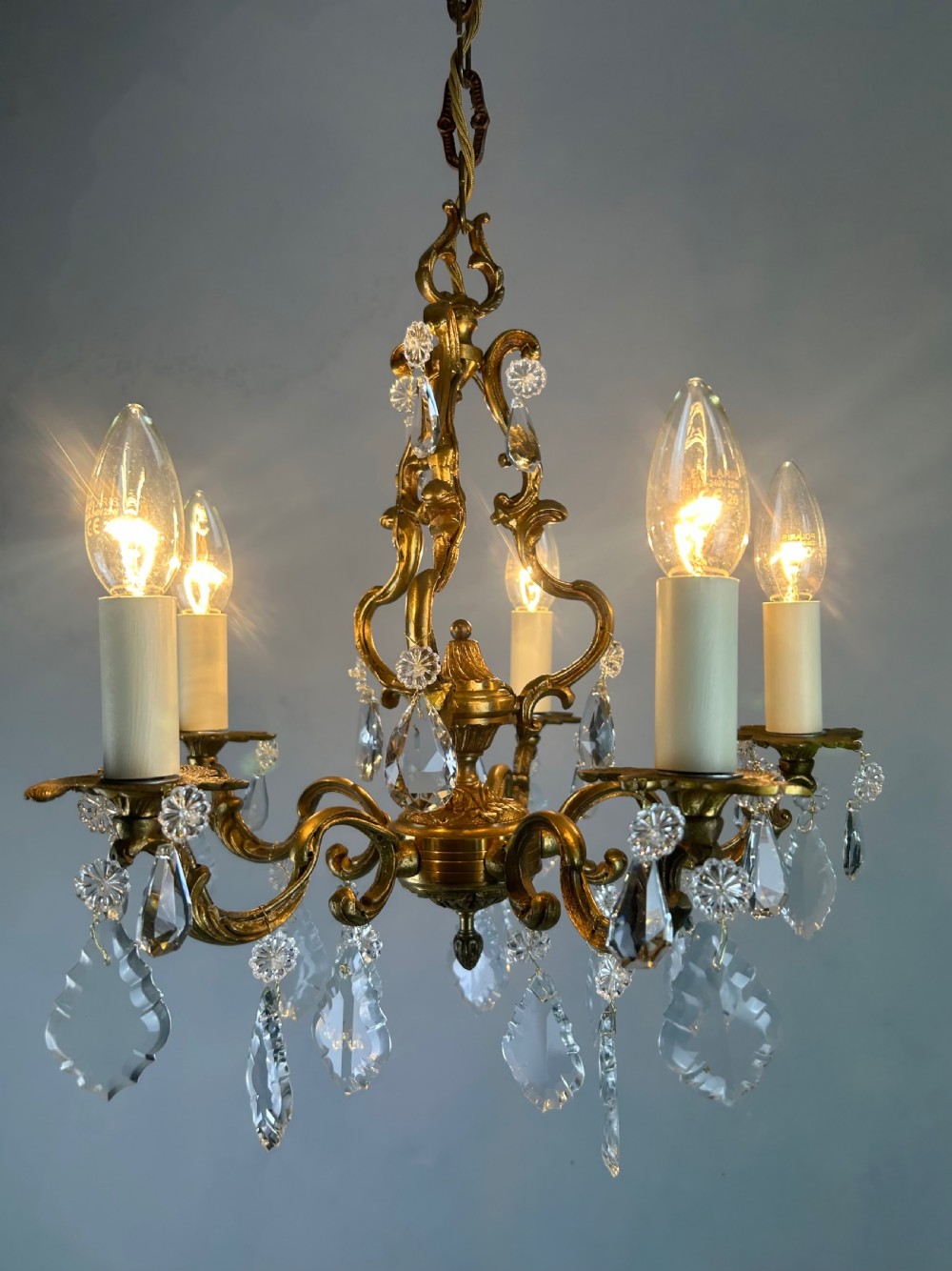 French Brass & Crystal 5 Light Chandelier View VIII