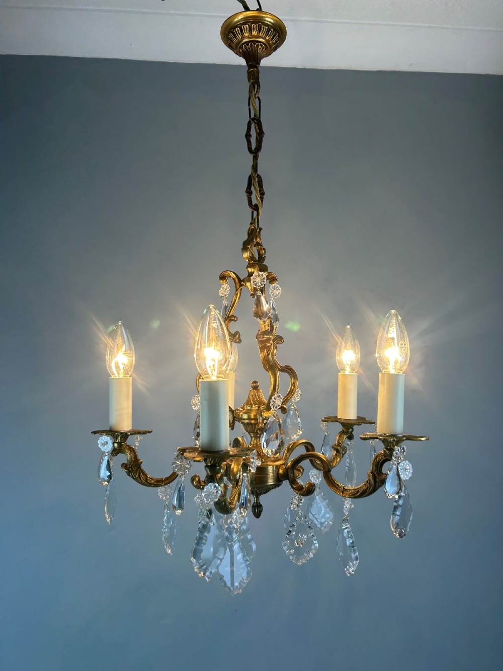 French Brass & Crystal 5 Light Chandelier View IX