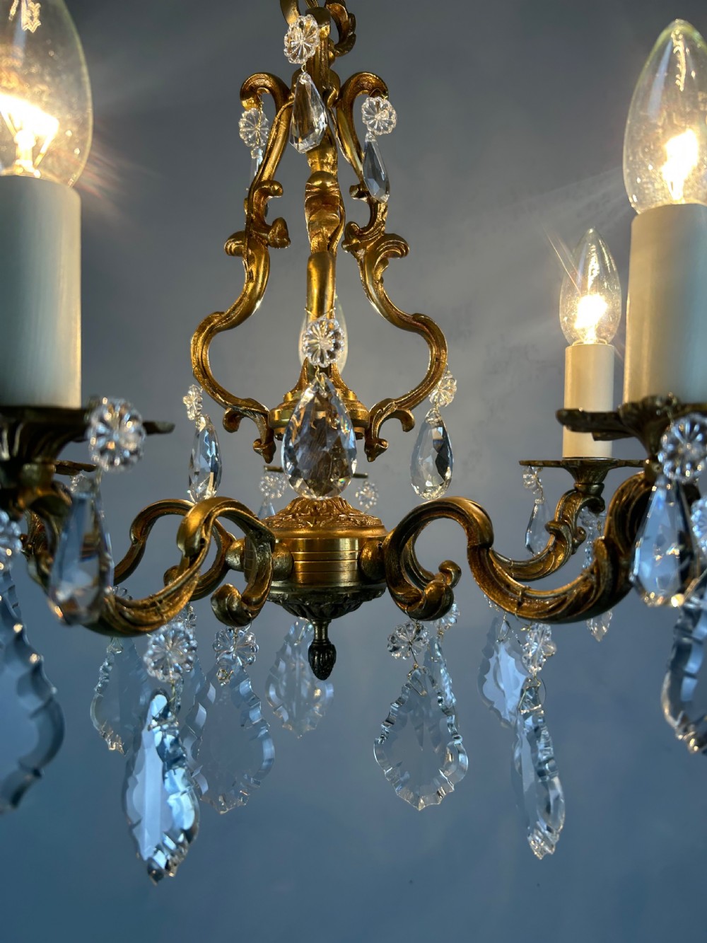 French Brass & Crystal 5 Light Chandelier View X