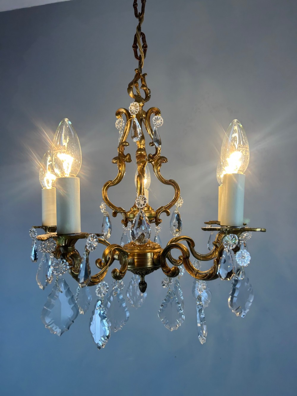 French Brass & Crystal 5 Light Chandelier View XI