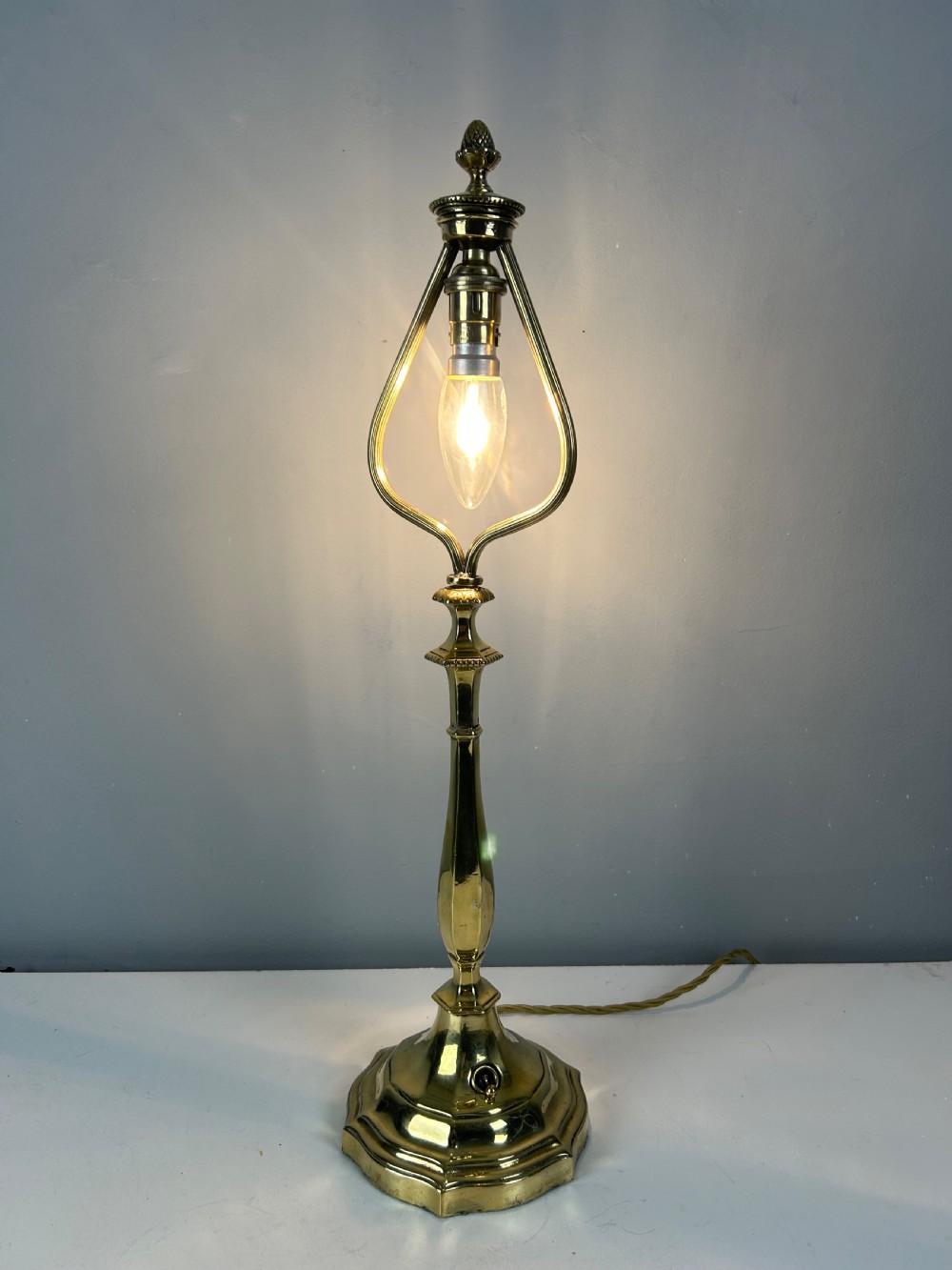 English Brass Switched Base Table Lamp with Shade Carrier  View II