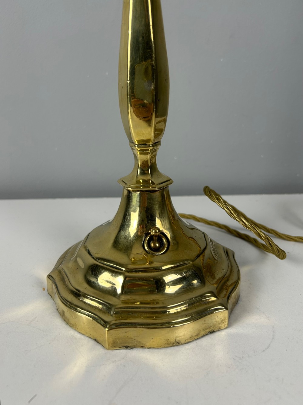English Brass Switched Base Table Lamp with Shade Carrier  View V