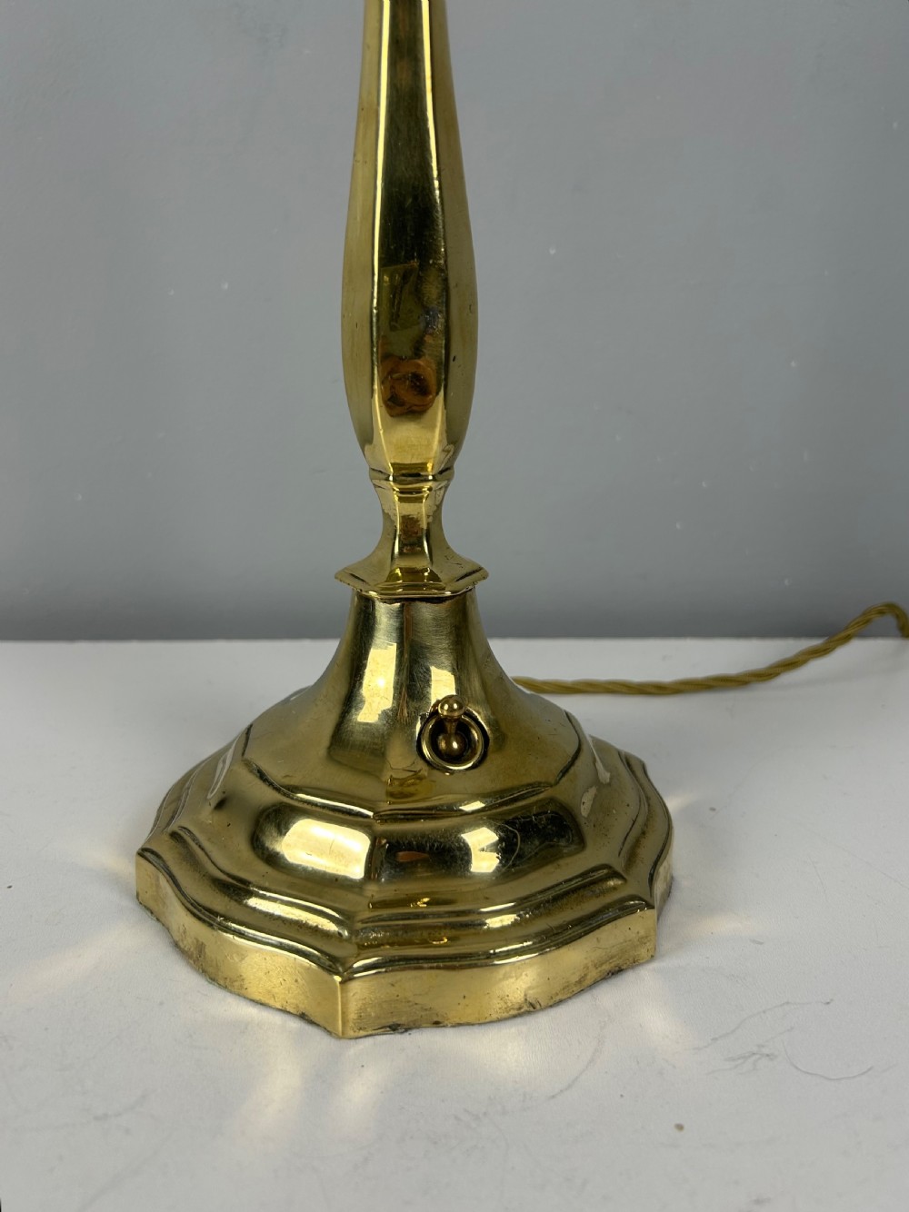 English Brass Switched Base Table Lamp with Shade Carrier  View VI