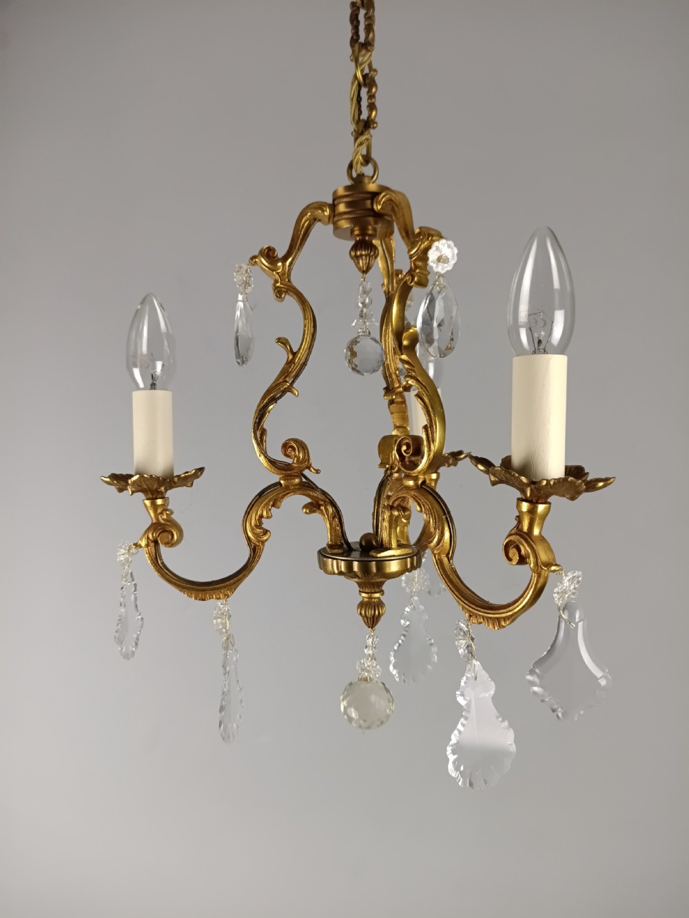 French Gilded Bronze Crystal Triple Light Antique Chandelier 