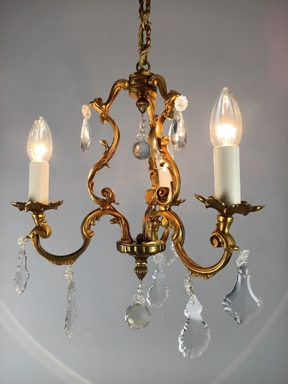 French Gilded Bronze Crystal Triple Light Antique Chandelier  View II