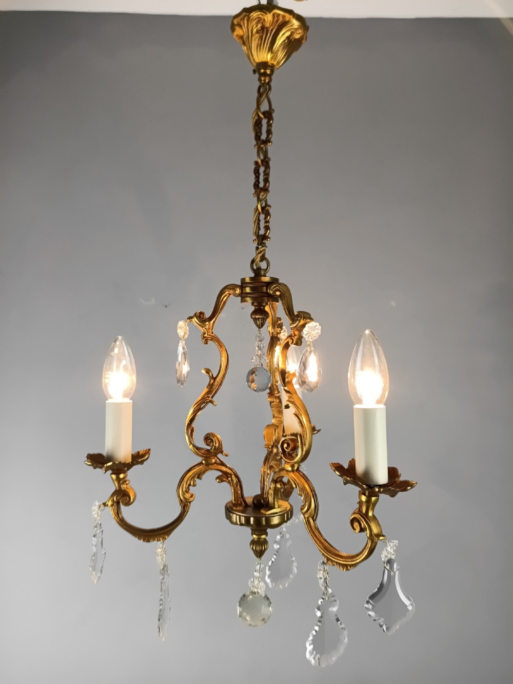 French Gilded Bronze Crystal Triple Light Antique Chandelier  View III