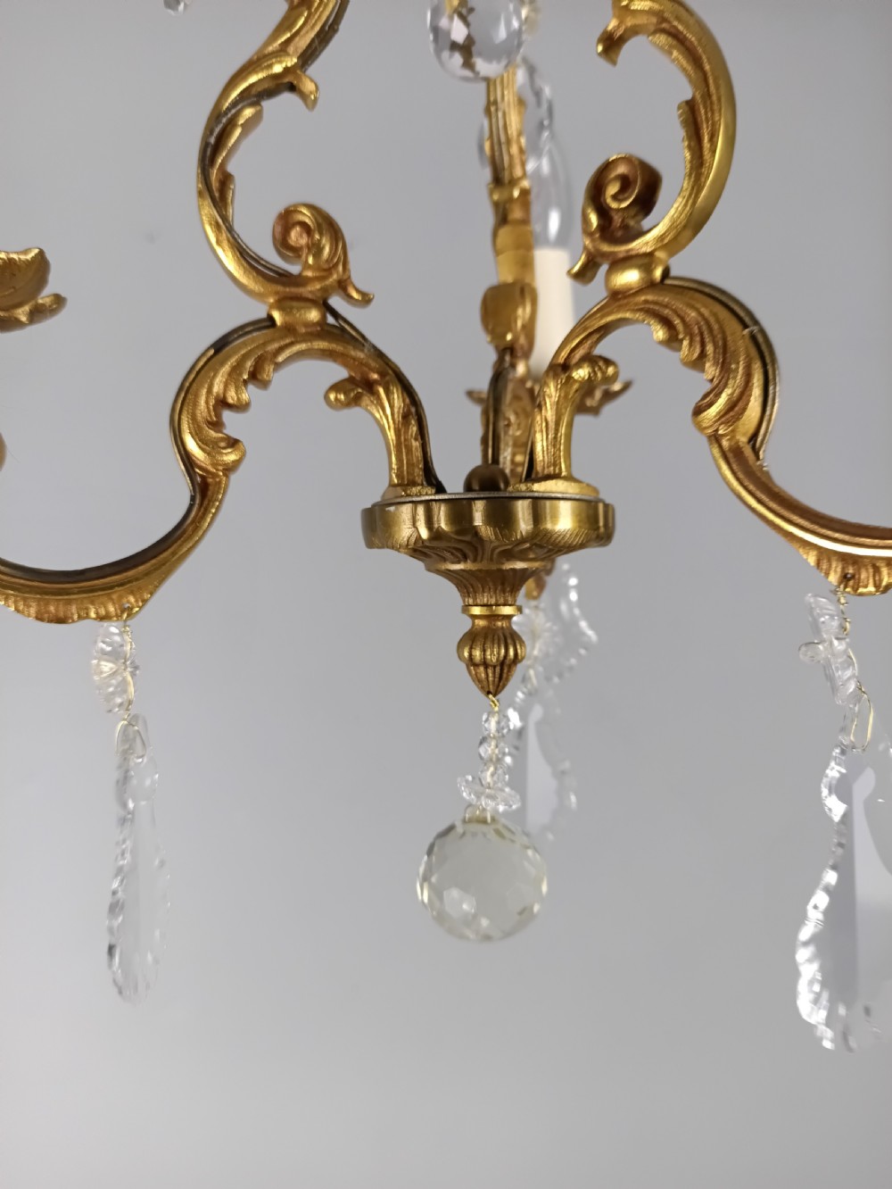 French Gilded Bronze Crystal Triple Light Antique Chandelier  View IV