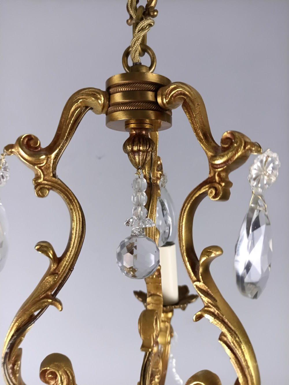French Gilded Bronze Crystal Triple Light Antique Chandelier  View V
