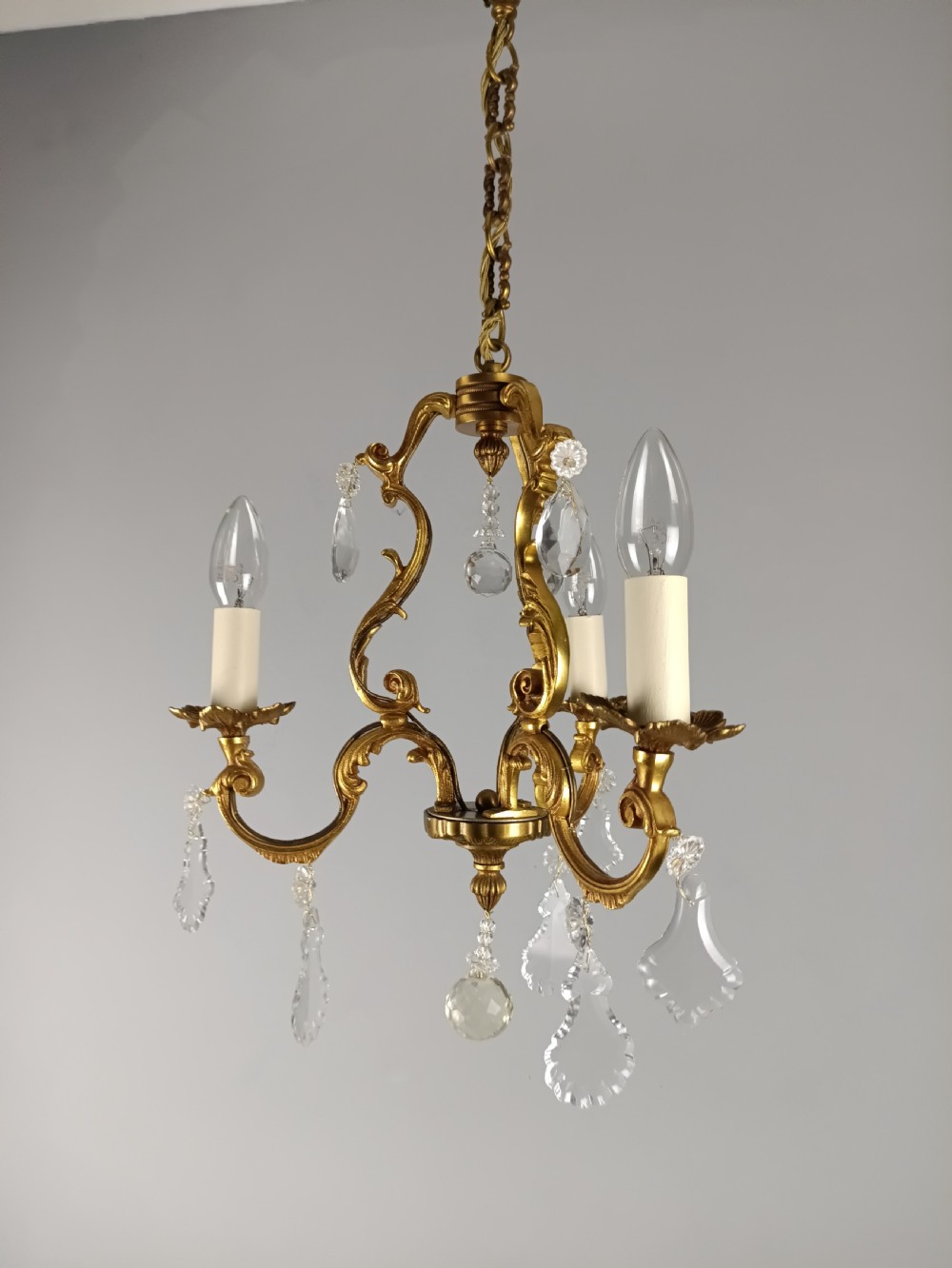 French Gilded Bronze Crystal Triple Light Antique Chandelier  View VI