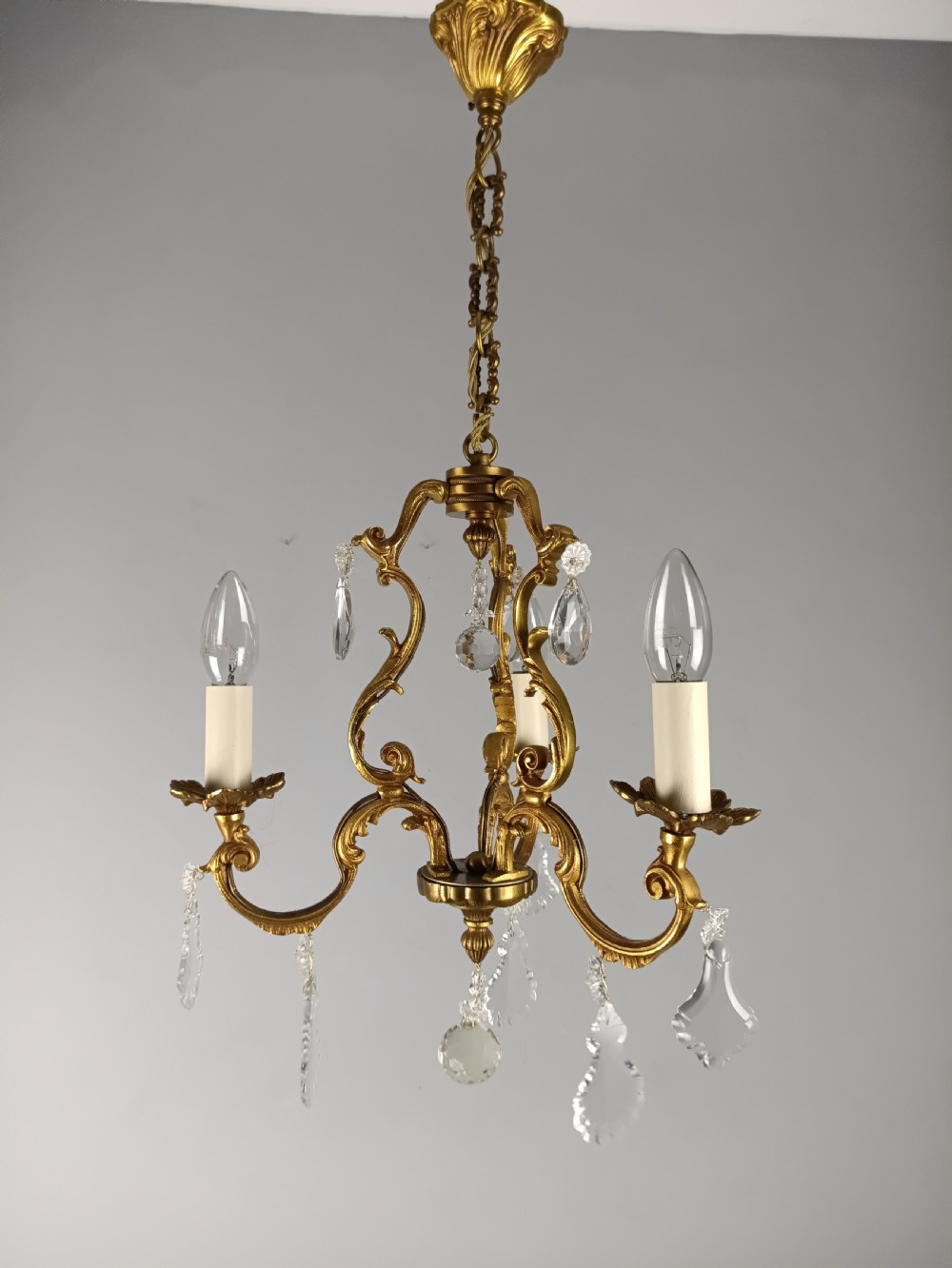 French Gilded Bronze Crystal Triple Light Antique Chandelier  View VII