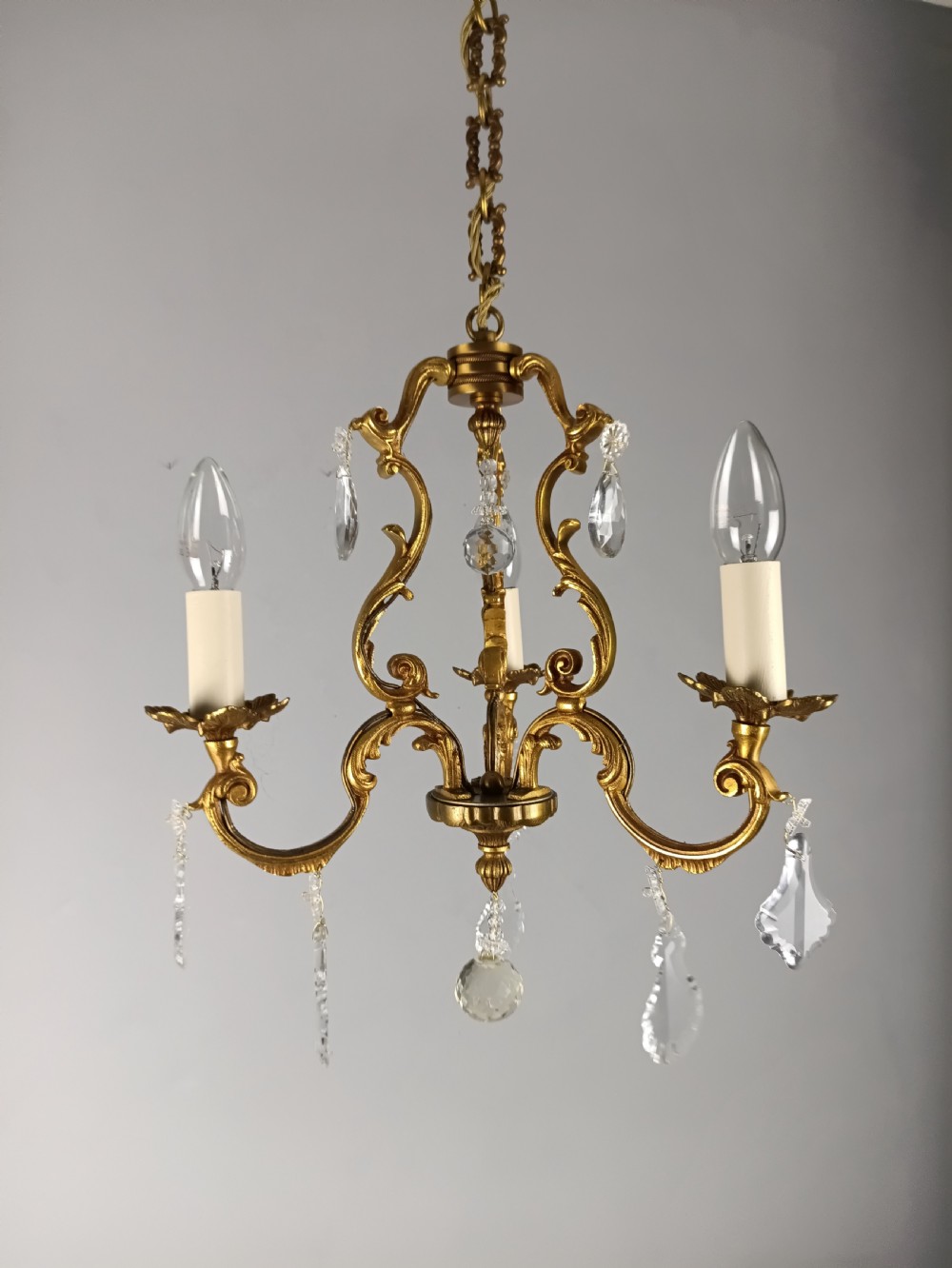 French Gilded Bronze Crystal Triple Light Antique Chandelier  View IX
