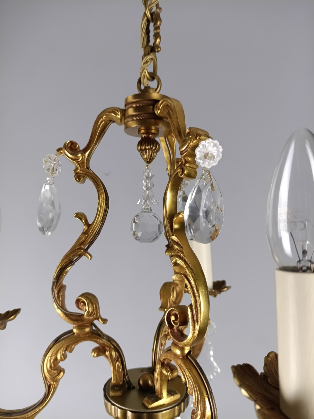 French Gilded Bronze Crystal Triple Light Antique Chandelier  View X