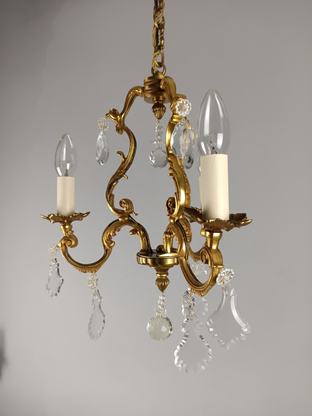 French Gilded Bronze Crystal Triple Light Antique Chandelier  View XI