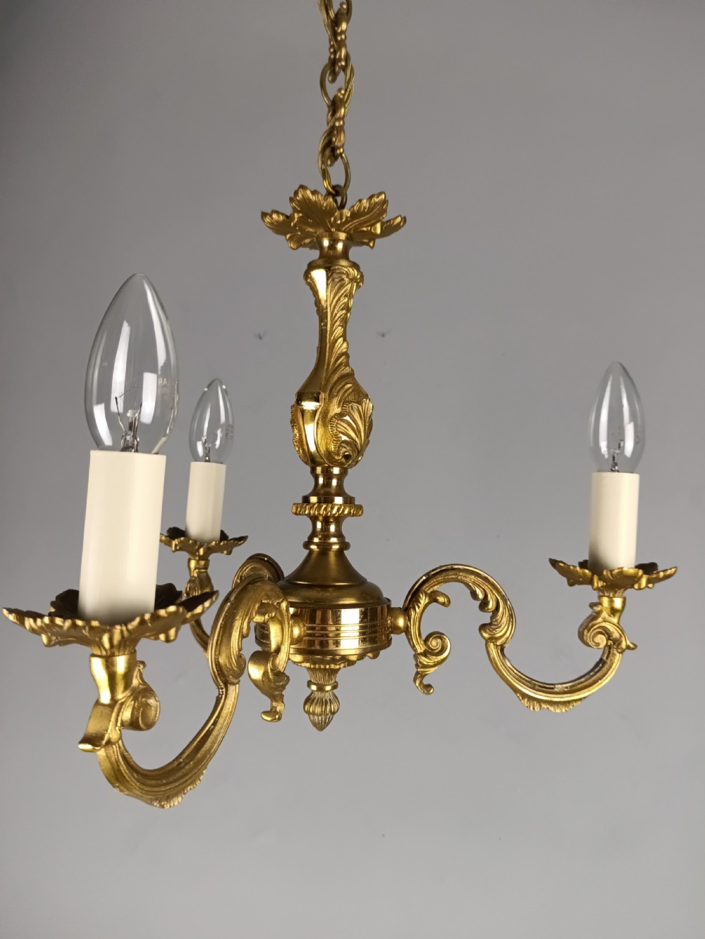 French Gilded Brass Triple Light Antique Chandelier 