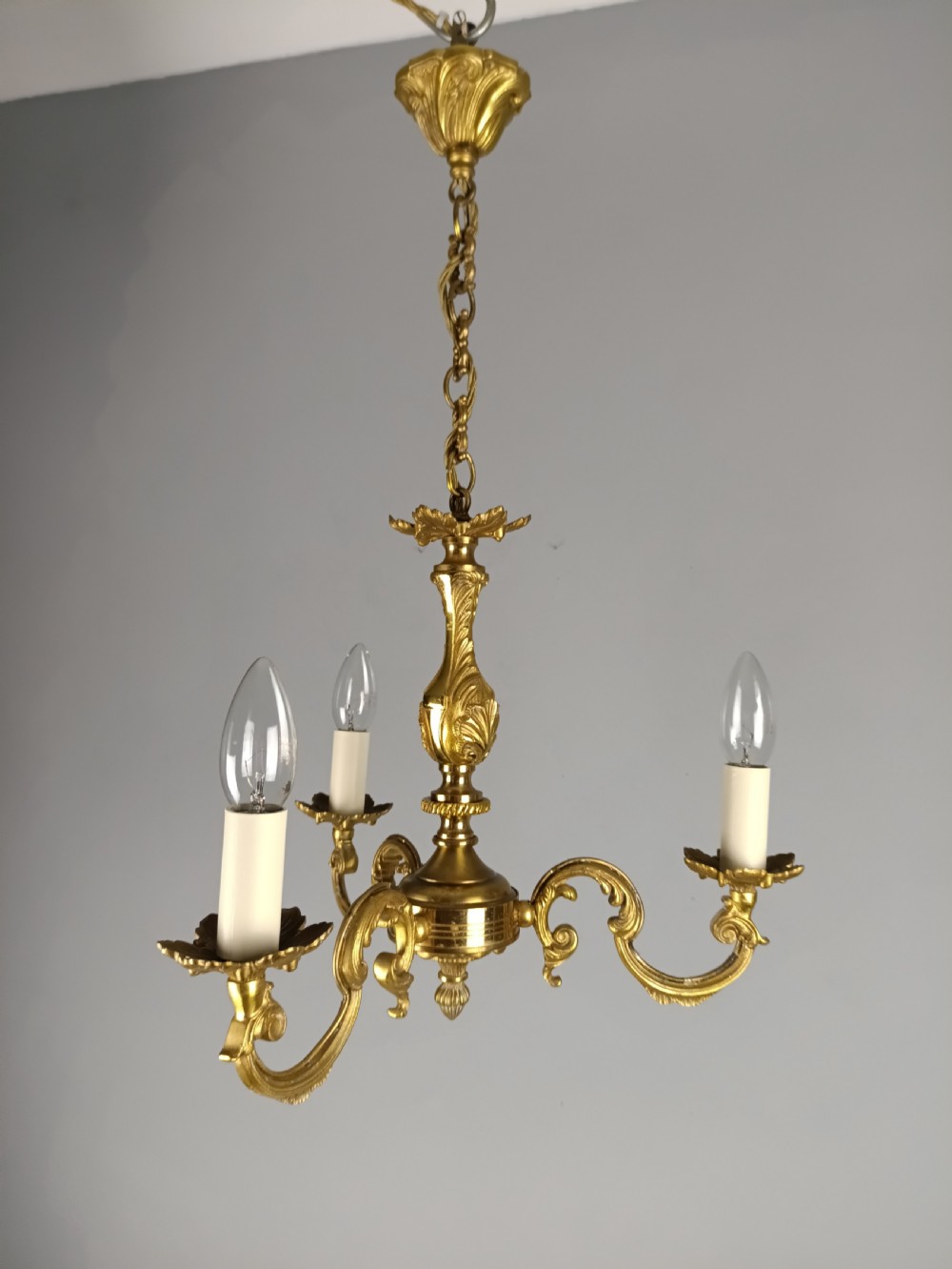 French Gilded Brass Triple Light Antique Chandelier  View II