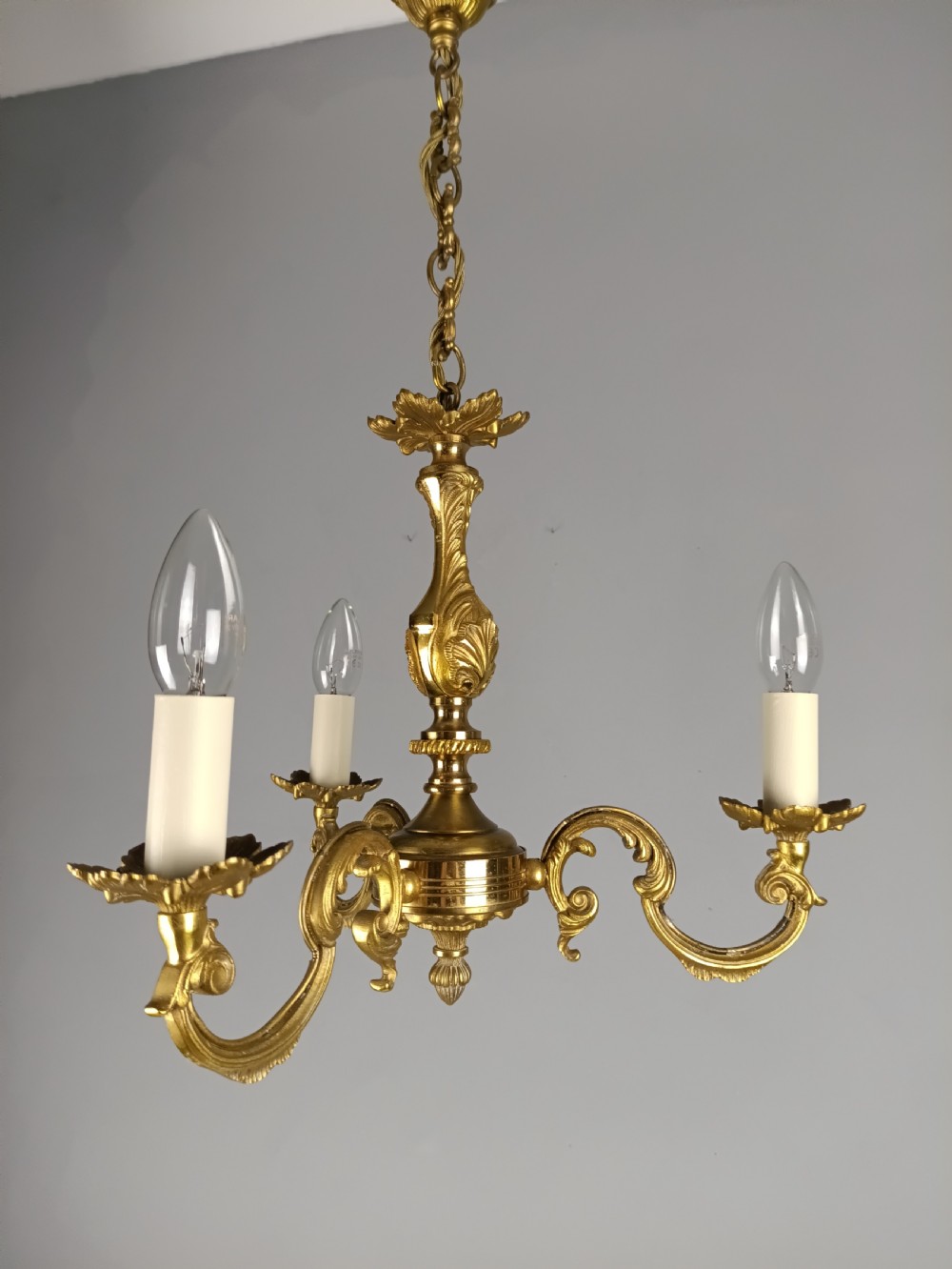 French Gilded Brass Triple Light Antique Chandelier  View III
