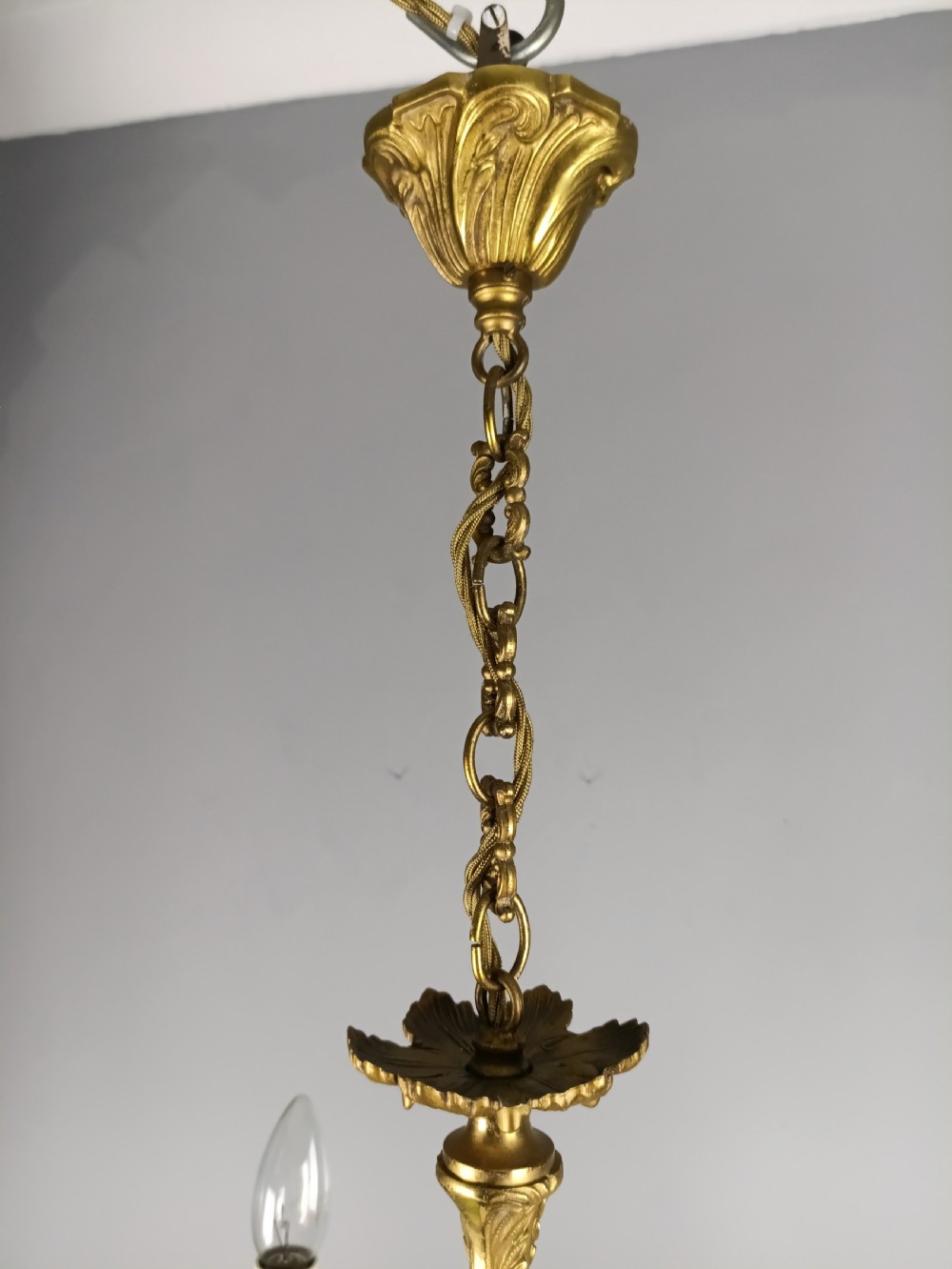 French Gilded Brass Triple Light Antique Chandelier  View IV